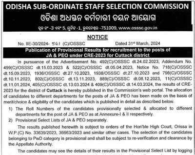 OSSSC JA, PEO Results 2023 declared: for 6,862 posts at .